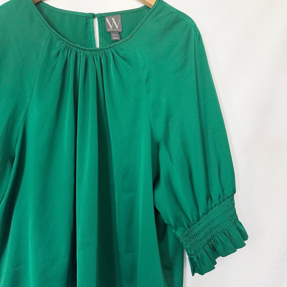 Worthington PXXL Green Blouse Smocked Cuff Ruffle Sleeve Career Elegant - Picture 2 of 7